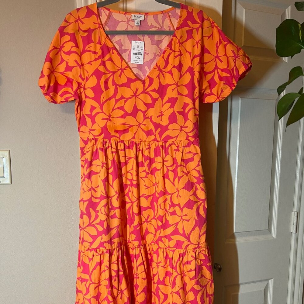 J.Crew Orange/Pink Floral Tiered Midi Dress Puff Sleeves V-Neck Pockets Size 6